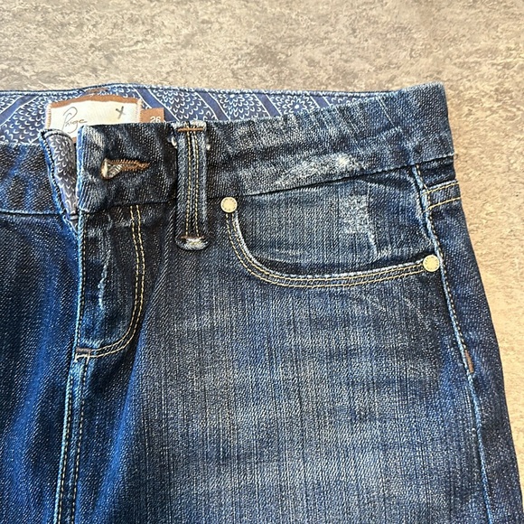 Paige Fairfax jean mini skirt, embroidered flap pockets, size 27 - Picture 8 of 12
